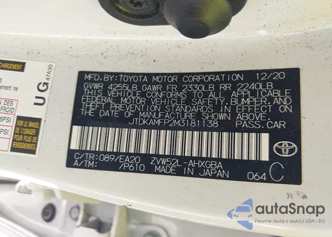 2021 Toyota Prius Prime Xle из США, поврежденный, VIN JTDKAMFP2M3181138